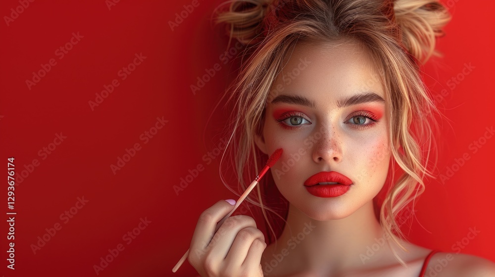 Fototapeta premium Bold red makeup look against a vibrant backdrop