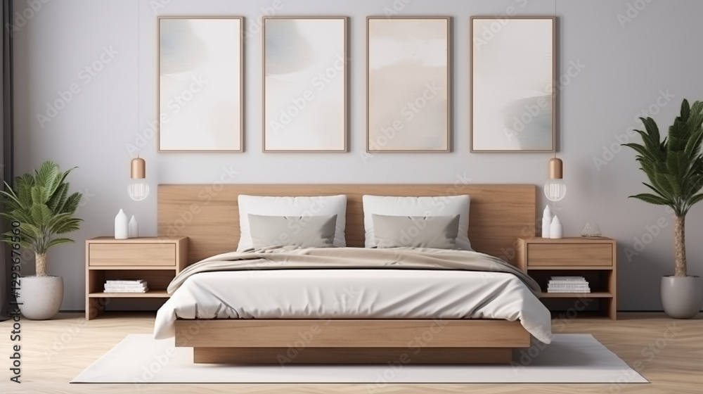 Fototapeta premium Chambre à coucher, plan sur un lit de couleurs claires et épurées, dans les tons blanc et beige. Drap, oreiller, couverture. Décorations, lumières douces. Pour conception et création graphique.