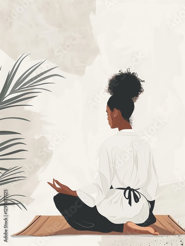 Minimalistic affirmation card of a female entrepreneur working remotely, aesthetic illustration, minimal, plain background, simple background, in spiritual poses,