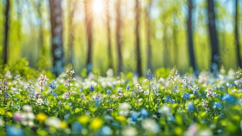 Spring meadow with blooming flowers and green grass, Generative Ai photo