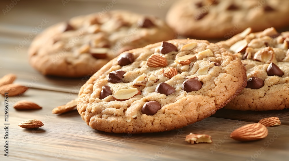 Delicious Chocolate Chip Almond Cookies on Wood Delicious Chocolate Chip Almond Cookies on Wood
