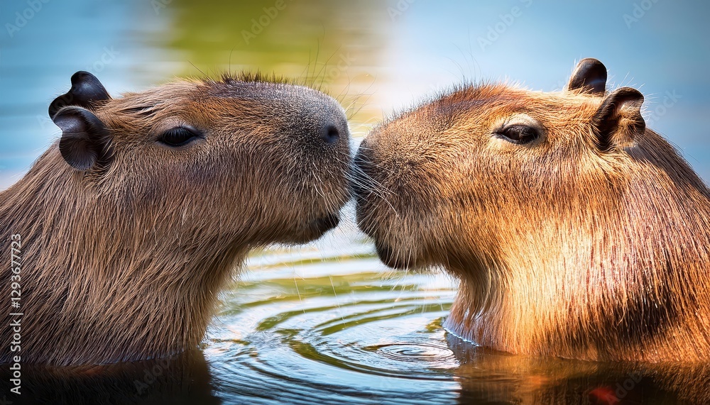 Intimate Moment between Two Capybaras in a Serene Waterhole Playful Mammals Frolicking amidst Lush Greenery and Sunlight Filtering through Trees. Intimate Moment between Two Capybaras in a Serene Waterhole Playful Mammals Frolicking amidst Lush Greenery and Sunlight Filtering through Trees.