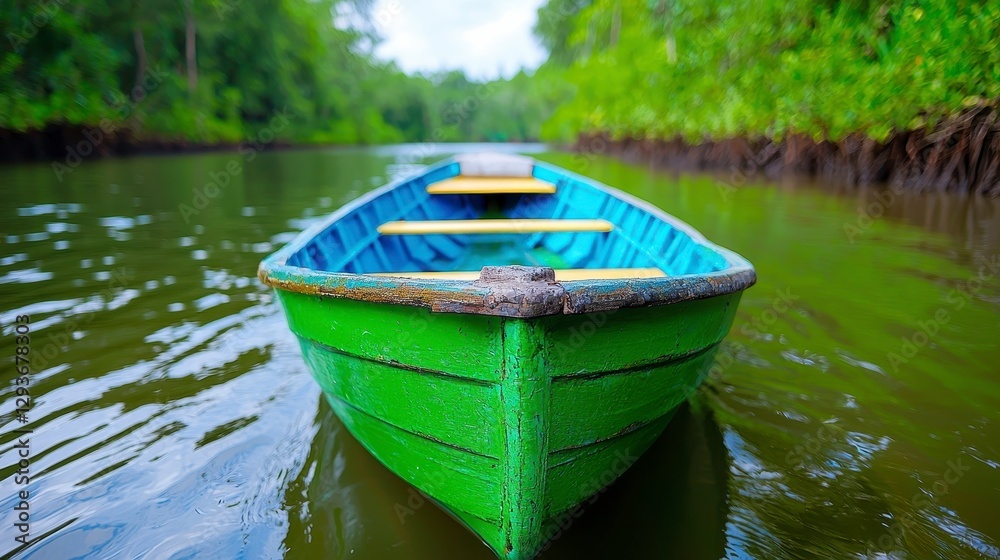 Green boat navigating through narrow waterway surrounded by lush vegetation Green boat navigating through narrow waterway surrounded by lush vegetation