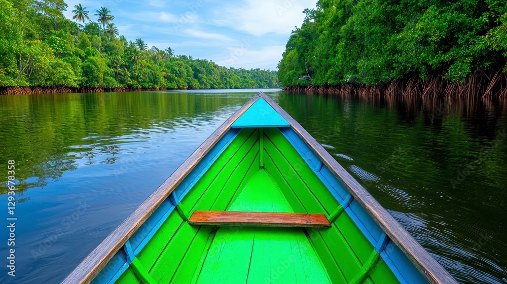 Green boat navigating down a river through a narrow hidden waterway surrounded by lush vegetation Green boat navigating down a river through a narrow hidden waterway surrounded by lush vegetation