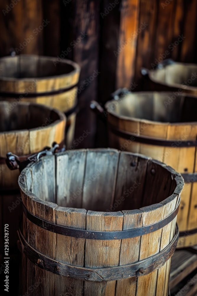 A collection of wooden buckets arranged neatly beside one another A collection of wooden buckets arranged neatly beside one another