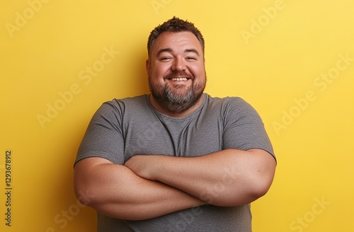 Happy Man with Arms Crossed Against Yellow Background