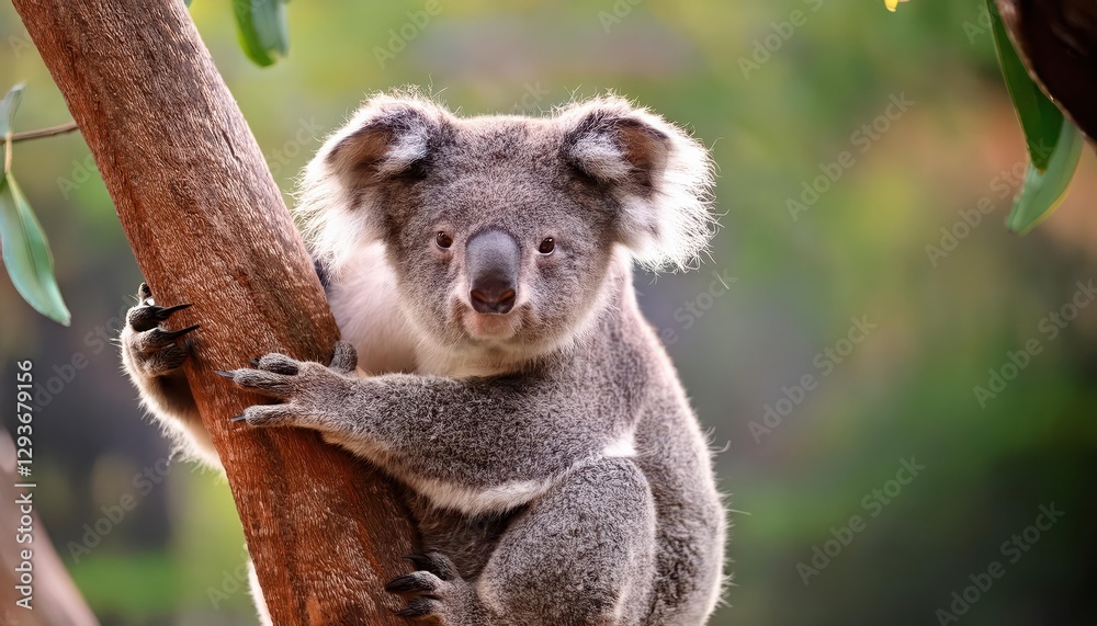 Fototapeta premium Koala Phascolarctos cinereus Perched on Tree Branch at Twilight, Capturing Serene Tranquility in the Australian Rainforest Canopy