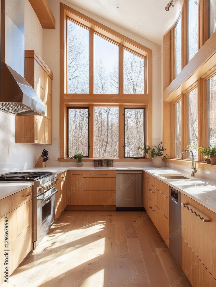 Fototapeta premium Modern kitchen with a very big window and light colors