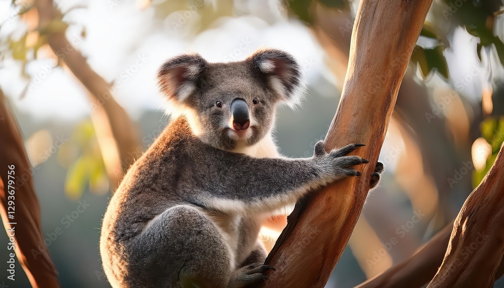 Naklejka premium Serene Mornings in Australia A Wild Koala Resting Peacefully Amongst the Eucalyptus, Capturing the Tranquility of an Australian Bush Dawn.