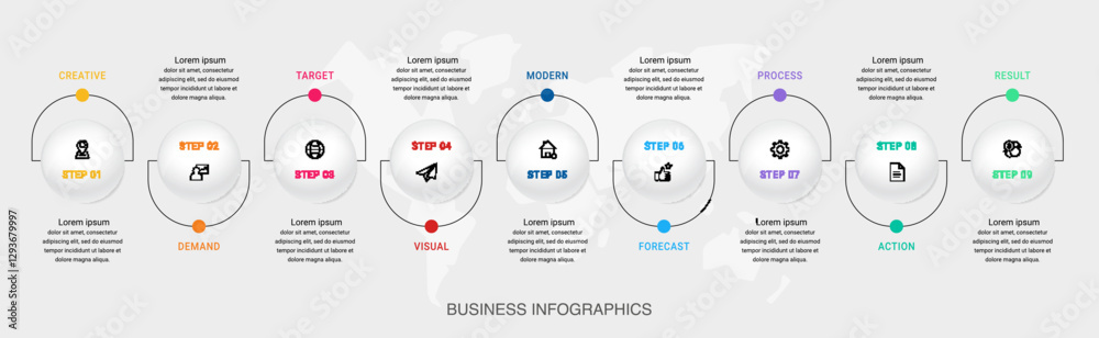 Naklejka premium Circle vector infographic template with 9 steps and options for annual reports, presentations, advertising, chart. Modern business illustration.