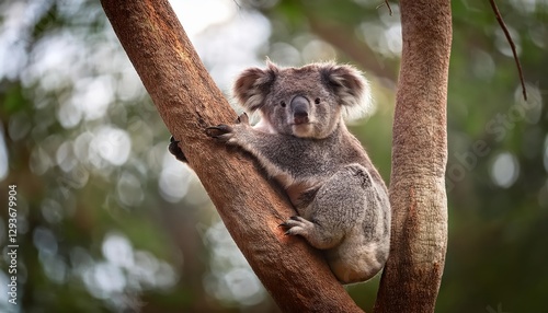 Adorable Koala Resting Peacefully among Australian Eucalyptus, Snuggled in the Gum Leaves with Gentle Sunlight Filtering Through, Capturing a Moment of Tranquility in the Australian Wilderness.