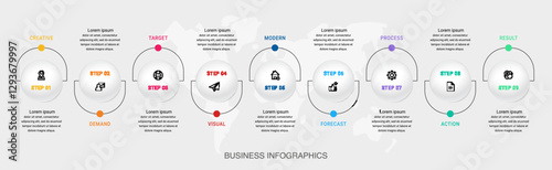Circle vector infographic template with 9 steps and options for annual reports, presentations, advertising, chart. Modern business illustration.