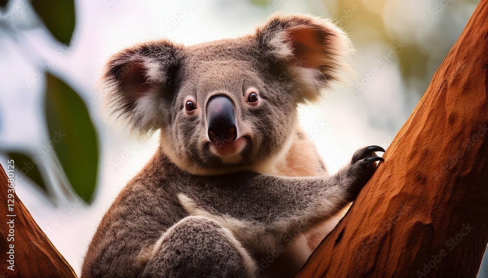 Naklejka premium Koala in a Gum Tree Serene Moment with an Iconic Aussie Mascot Amidst Green Leaves and Golden Sunlight, Capturing the Peaceful Australian Bushland