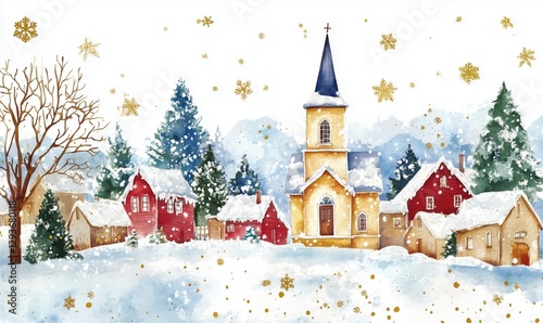 Winter village scene with snow-covered houses and church in watercolor style