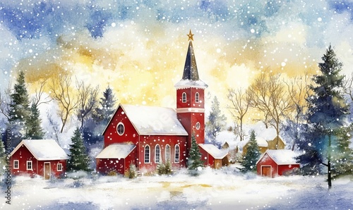 Winter landscape featuring red church and snow-covered village at sunset