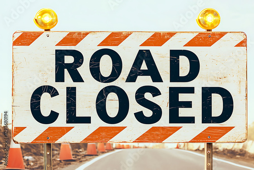 A bright orange road closed sign stands in the middle of a road with safety cones, alerting drivers to potential construction or hazards ahead.