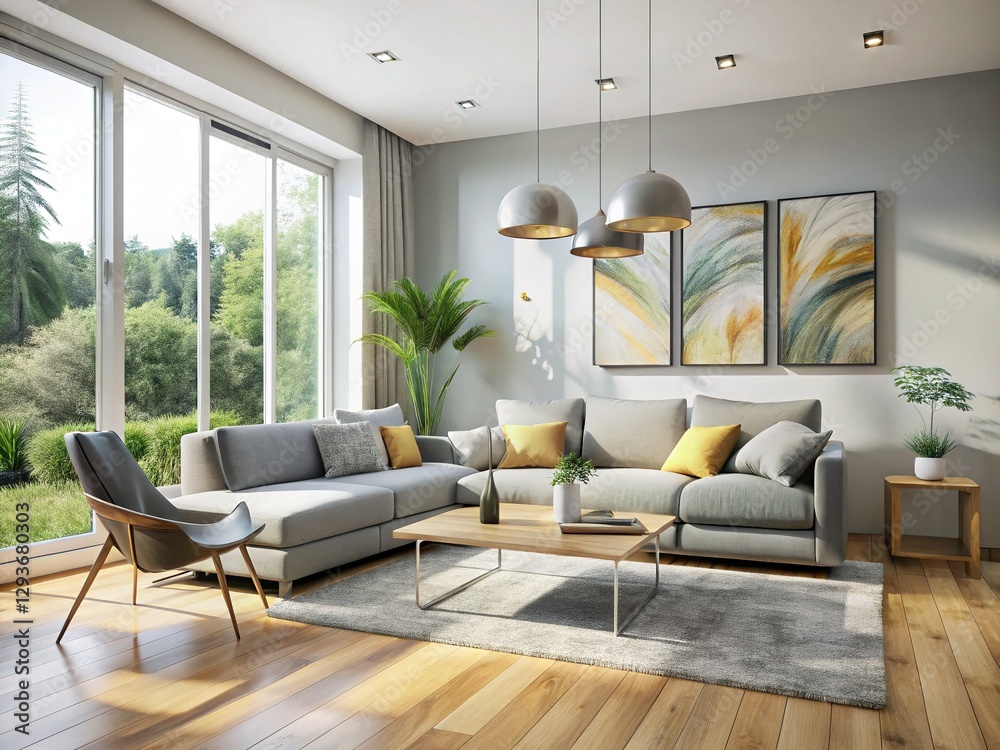 Fototapeta premium Modern Minimalist Living Room Interior Design with Large Windows and Comfortable Sofa