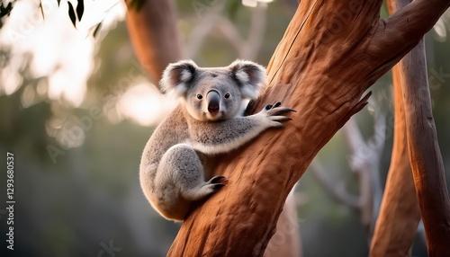 Enchanting Moment Koala Perched on Gum Tree Amidst Australian Sunset, Capturing Serene Tranquility and Golden Hues in Outbacks Warm Embrace.