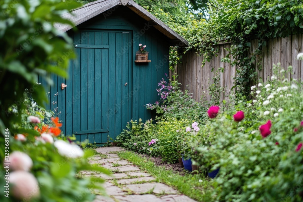 Garden scene with a wooden shed and colorful flowers