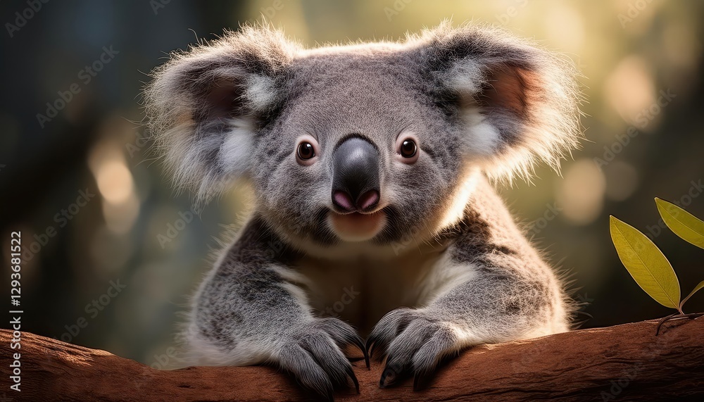 Naklejka premium Koala in Australian Bushland, Serene and Warmhearted, Capturing the Enchanting Moment of a Cuddly Koala Amidst the Lush Green Eucalyptus Forest at Sunrise