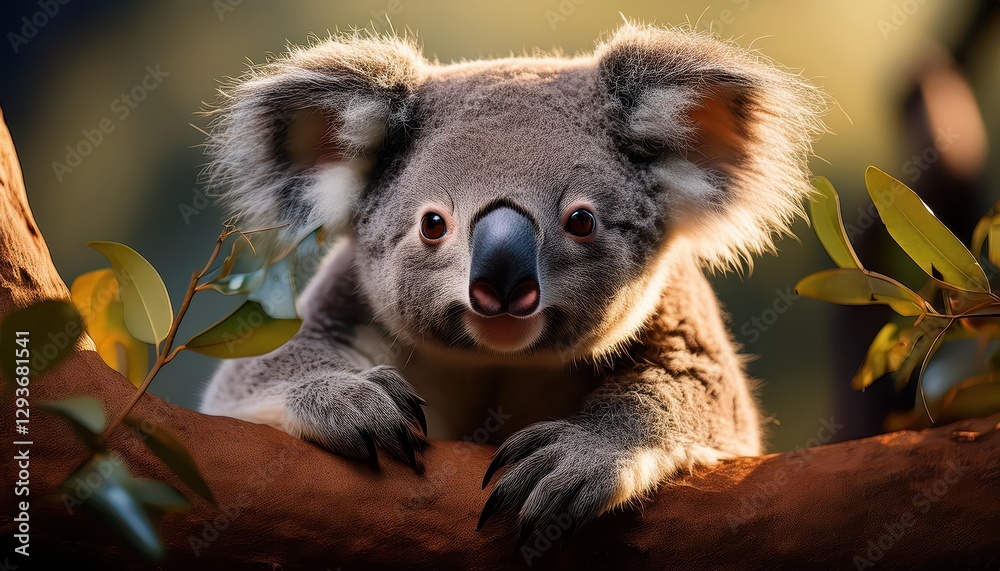 Fototapeta premium Majestic Koala Lounging in Australian Eucalyptus Forest at Dusk, Portraying a Peaceful and Tranquil Scene with Warm Tones