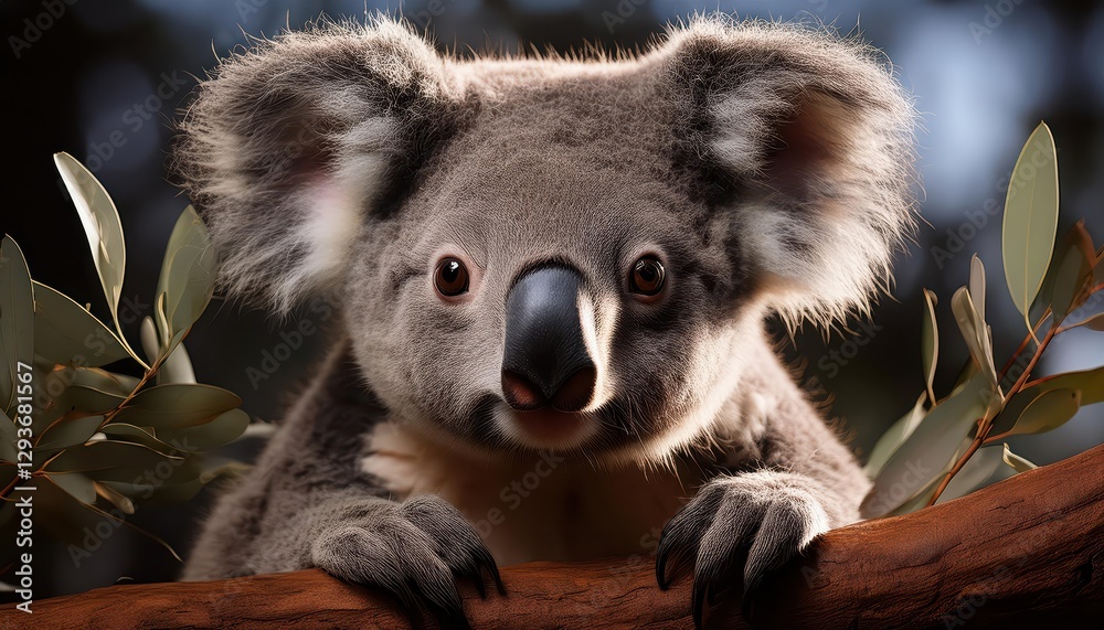 Fototapeta premium Koala in a Gum Tree, Serene Moment in an Australian Bushland as the Morning Light Breaks through the Misty Sky, Capturing the Quiet Majesty of Wildlife and Nature in the Outback.