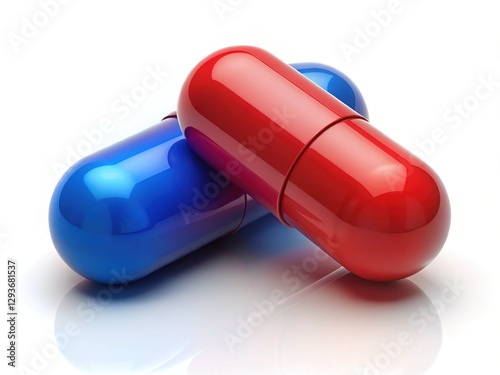 Red and Blue Pills on White Background - Medical Pharmacy Stock Photo photo