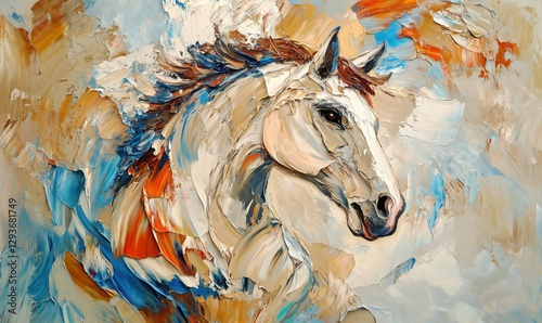 Majestic white horse portrait in vibrant abstract colors and textured brush strokes