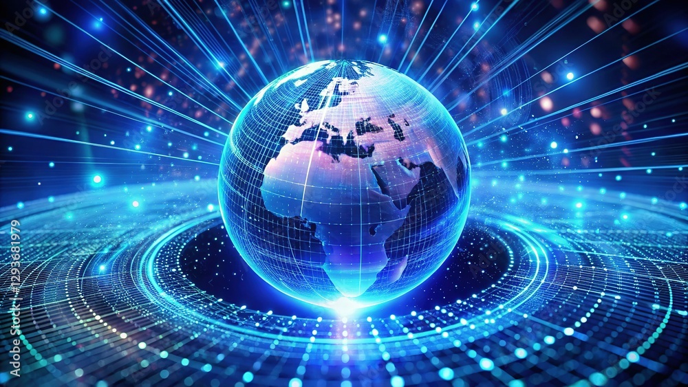 Obraz premium Retro Futuristic 3D Earth Globe Surrounded by Binary Code and Digital Data Streams