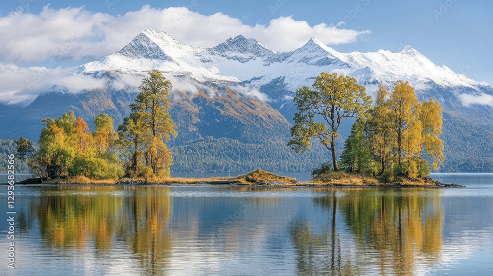 Obraz premium Serene mountains mirror in a tranquil lake, surrounded by lush trees, creating a captivating natural landscape.