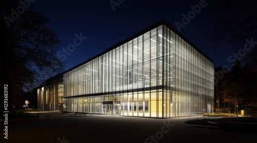 Modern glass building at night, lit windows, trees in background. Possible use Architecture stock photo photo