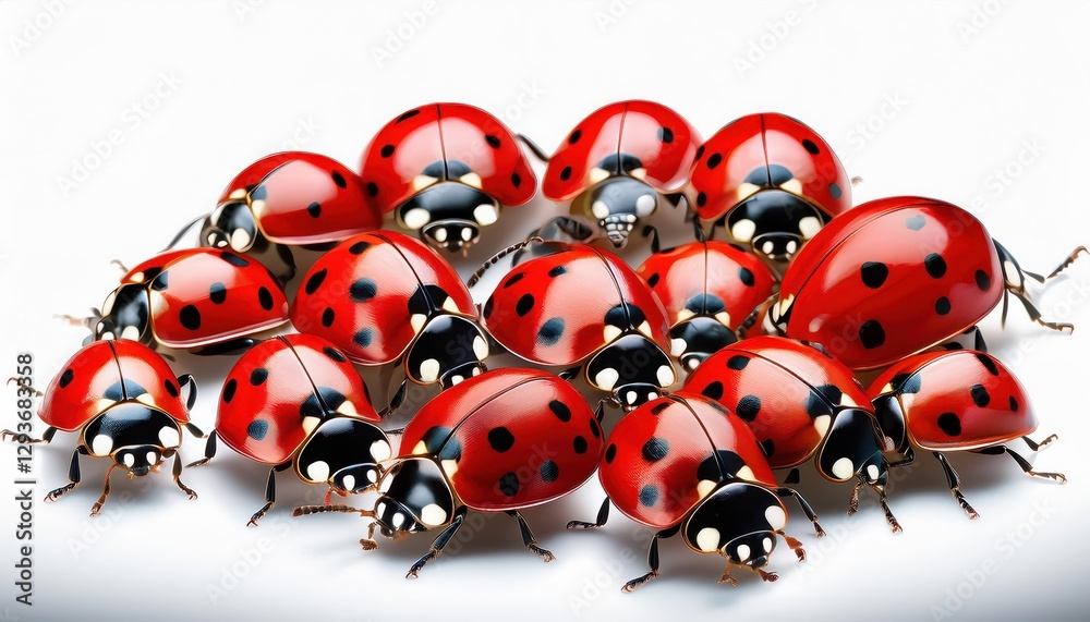 Fototapeta premium Vibrant Red Ladybugs Against a White Backdrop Striking Closeup Showcasing Intricate Black Spots and Lively Texture, Perfect for Digital Art, Home Decor, or Design Inspiration