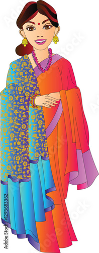 Fashion woman. Isolated glamour slim indian ethnicity woman. Beautiful woman vector illustration wearing a saree. Beautiful Asian woman illustration.