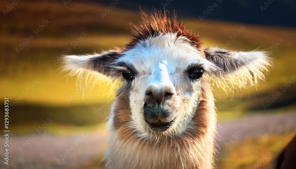 Obraz premium Closeup Portrait of a Humorous Lama with Wild Locking Hair A Quirky and Charming Animal Portrait Set Against a Desert Backdrop, Capturing a Moment of Playful Whimsy