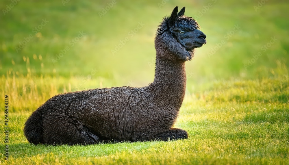 Fototapeta premium Lama Sitting Amongst WoolBearing Alpacas in a Lush Green Field Capturing the Serene Mood of an Agriculture Livestock Farm at Golden Hour