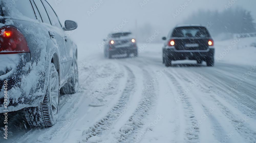 Snowy Road Travel: Cars slowly making their way in a winter snowstorm. Whiteout conditions call for cautious driving on the icy road. Snowy Road Travel: Cars slowly making their way in a winter snowstorm. Whiteout conditions call for cautious driving on the icy road.