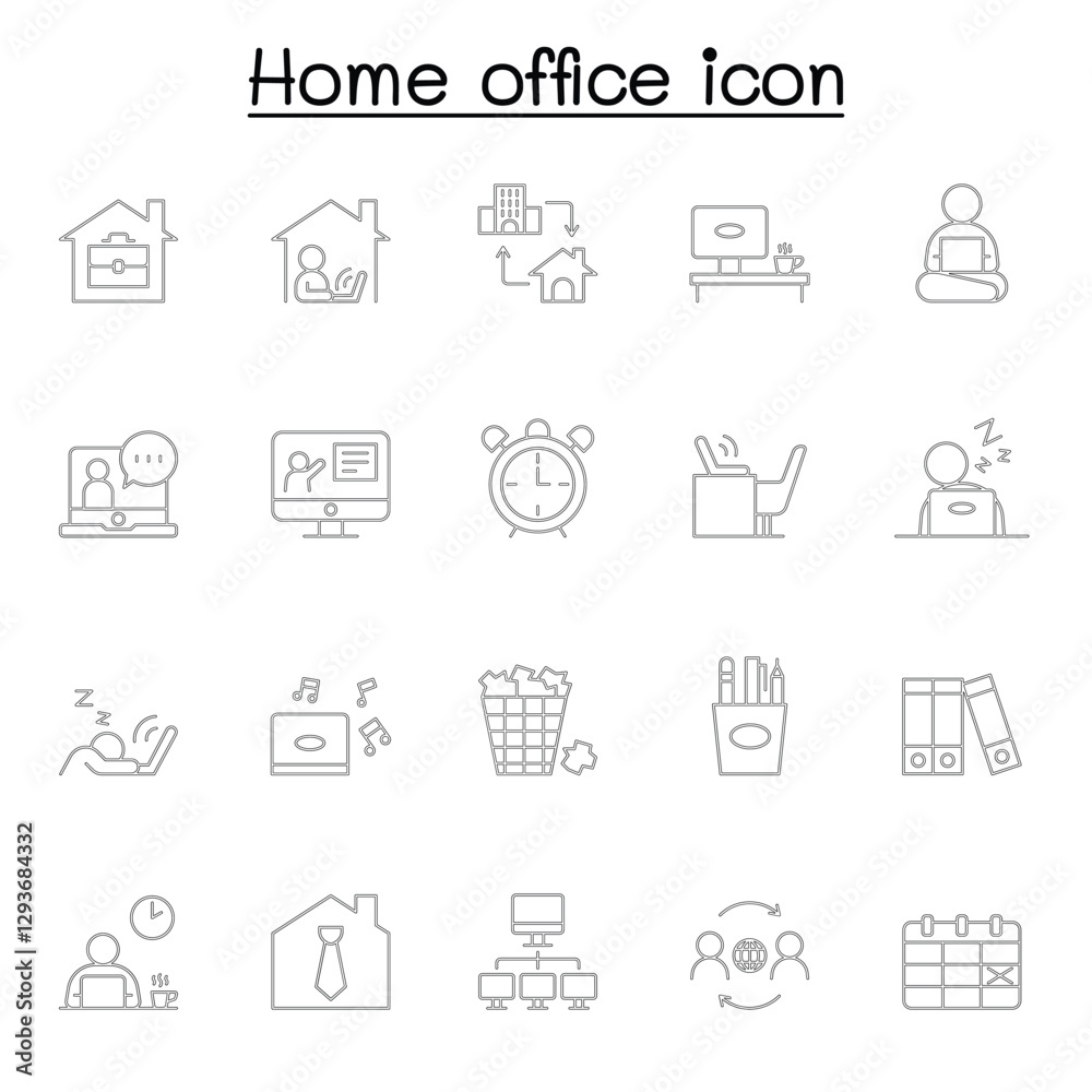 Freelance and Work at Home Icons Set. Collection of linear simple web icons such as Work from Home, Distant Work, Freelance, Online Video Conferencing, Work Online and more.