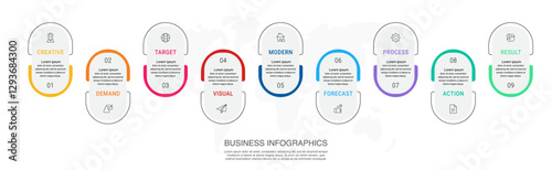 Vector line infographics with 9 circles. Business concept graphic process template with nine steps. Graphic timeline for app, website, interface, chart, levels, web, diagram, banner, presentations