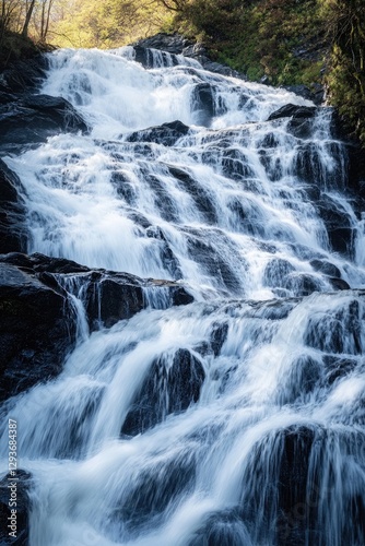 A natural waterfall flows down the side of a mountain