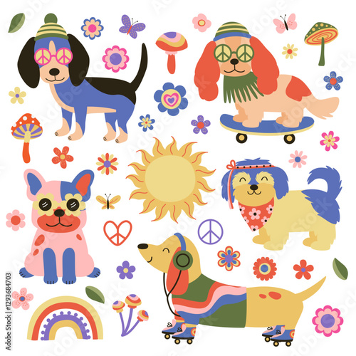 set of isolated groovy retro hipster Dog and flowers