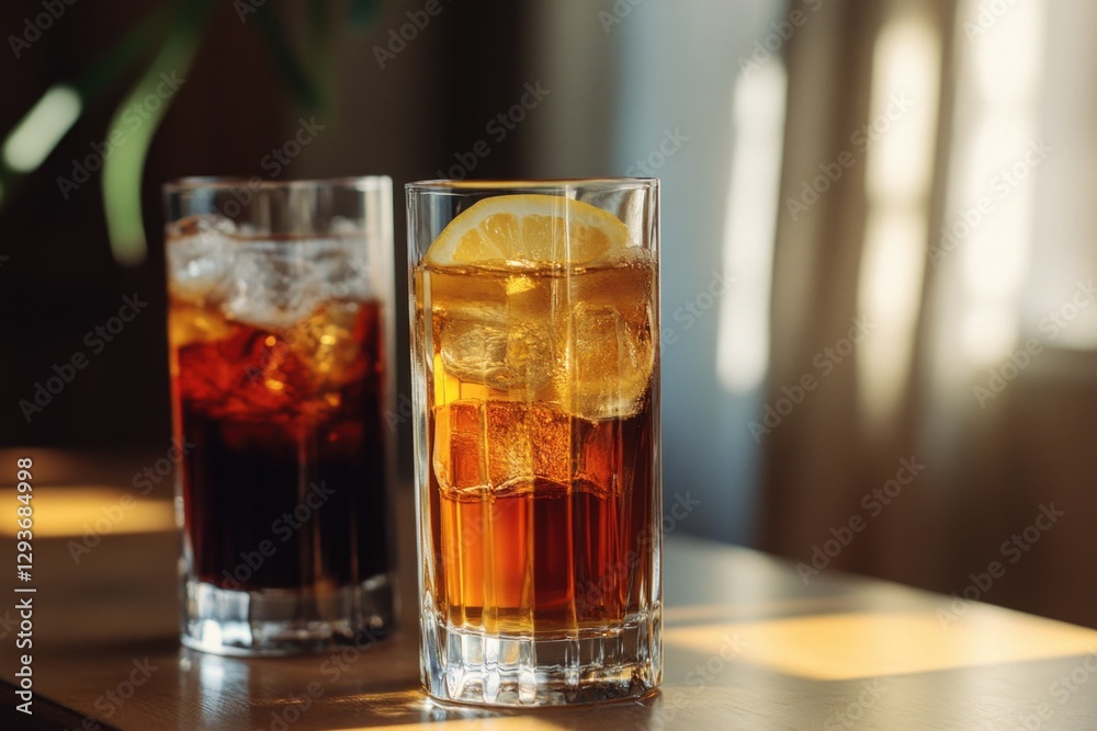 A still life image of two glasses of soda and a lemon slice on a table A still life image of two glasses of soda and a lemon slice on a table