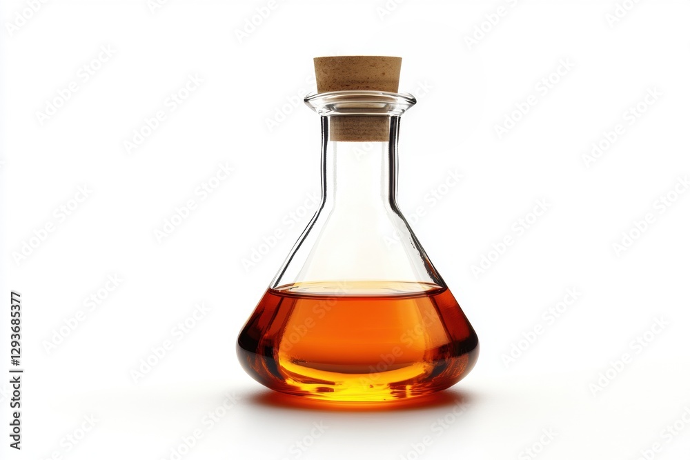 Clear glass flask filled with amber liquid on white background Clear glass flask filled with amber liquid on white background
