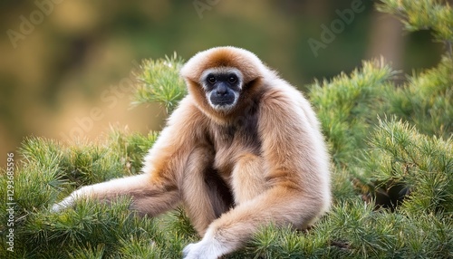 Striking Portrait of a Rare WhiteHanded Gibbon Amidst Lush Tropical Rainforest, Showcasing Vibrant Eyes and Agile Movements in a Majestic Setting