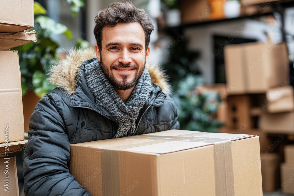 Smiling man carries boxes in a bustling warehouse setting Smiling man carries boxes in a bustling warehouse setting