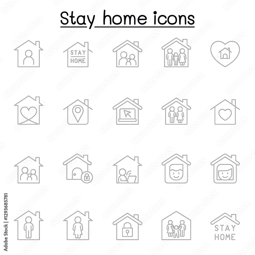 Stay home icons set in thin line style Stay home icons set in thin line style