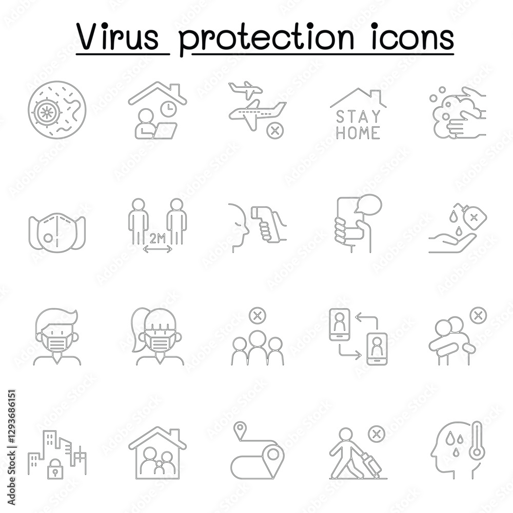 Set of Virus protection line icons. contains such Icons as, social distancing, mask, hand washing, stay home and more. Set of Virus protection line icons. contains such Icons as, social distancing, mask, hand washing, stay home and more.