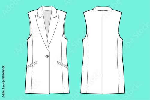  Ladies Formalwear sleeveless vest coat black and white flat sketch outline cad mockup.