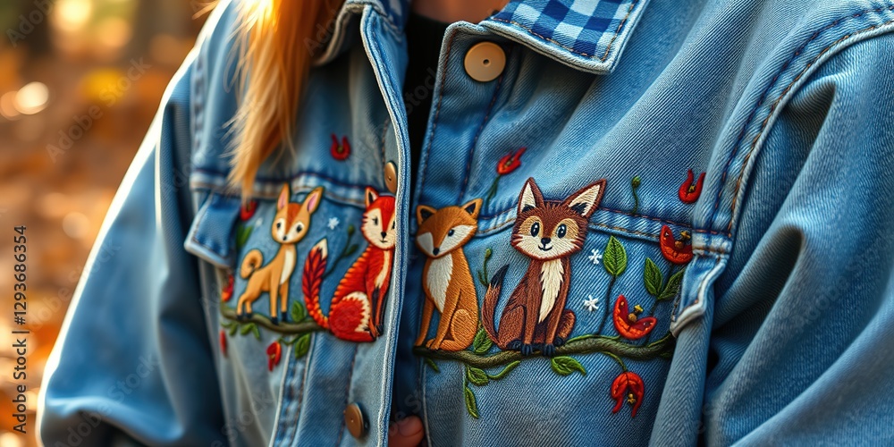 Obraz premium Embroidered Forest Creatures on Rustic Denim