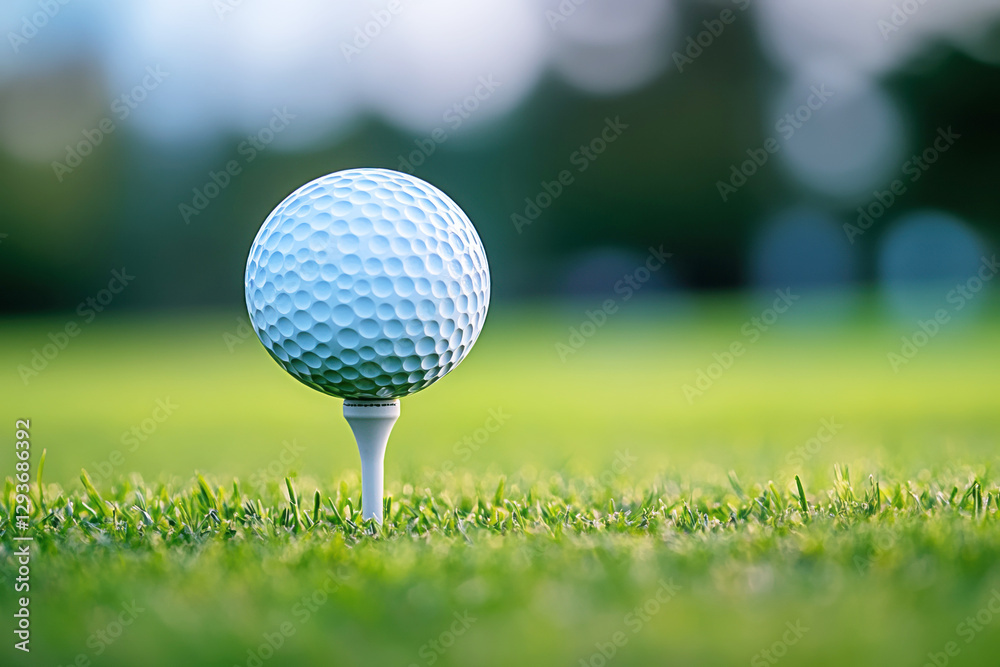 Golf ball on a tee against a blurred green background Golf ball on a tee against a blurred green background