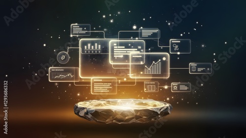 Abstract Floating Task Board with Luminous Icons
